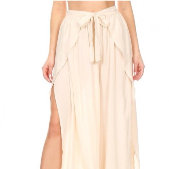 Palazzo Pants Draped Self Belt Split Leg Cream - Picture 4 of 8